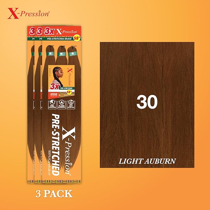 Sensationnel X-pression prestretched braiding hair - 3x braid 58 inch all kanekalon flame retardant synthetic braid for box braids and twists (3 pack, 30 LIGHTAUBURN)