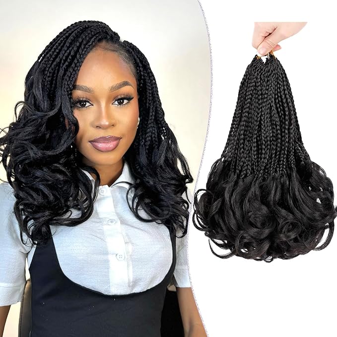 French Curl Crochet Braids 12 Inch Goddess Box Braids Crochet Hair 8 Packs Pre Looped Crochet Box Braid with Curly Ends Synthetic French Curly Braiding Hair Extensions 1B#