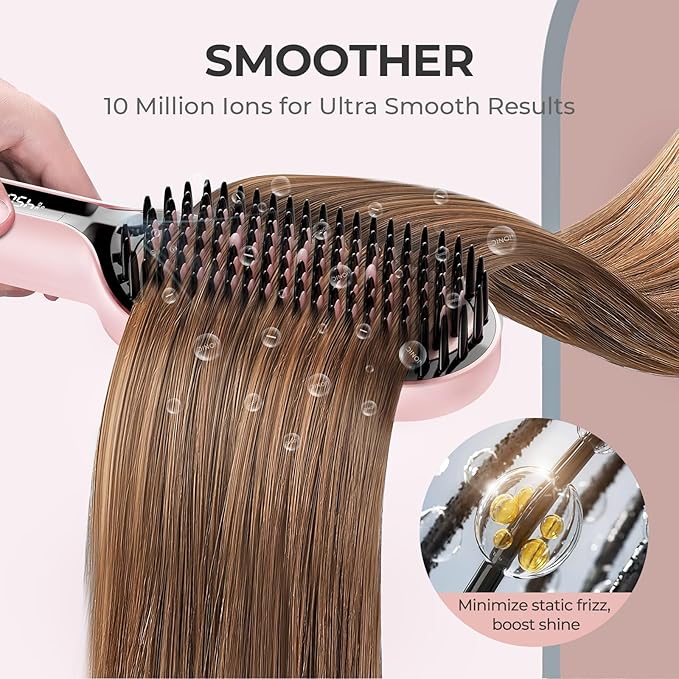 TYMO Hair Straightener Brush - Upgraded Ionic Plus Straightening Brush with Dense Bristles, 16 Temps, Dual Voltage | Ceramic Hot Comb for Women | Flat Iron for Thick Curly Hair, Pink