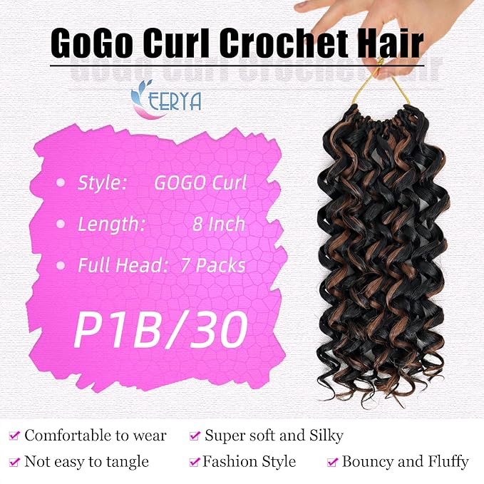 7 Packs GoGo Curl Crochet Hair 8 Inch Short Curly Crochet Hair for Women Deep Wave Beach Curl Crochet Braids Synthetic Braiding Hair Extensions(8 Inch, P30)