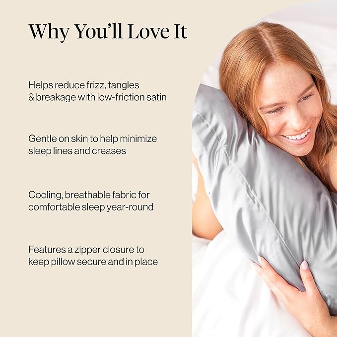 Kitsch Satin Pillowcase with Zipper for Hair & Skin, Softer Than Silk Pillow Cases Queen, Wrinkle-Free, Smooth and Cooling Satin Pillow Covers, Standard Size 19"x26", Silver