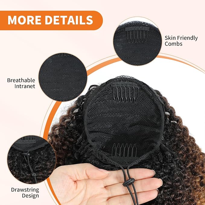 Afro Kinky Curly Ponytail Human Hair 150% Density Brazilian Virgin Hair 4C Afro Puff Drawstring Ponytail Extension for Black Women Dark Brown mix Honey Blone Color （20 Inch 1B4#27）