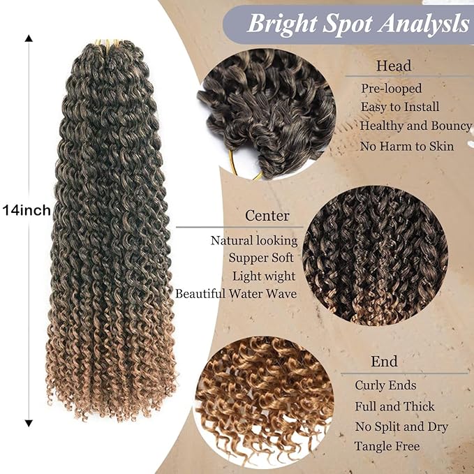 14inch Passion Twists Hair - Ombre Water Wave Crochet Hair for Black Women,Bohemian Curly Braiding Hair for Butterfly Locs,Faux Locs,Boho Style Crochet Braids Hair Extensions(T27#, 132 Strands)