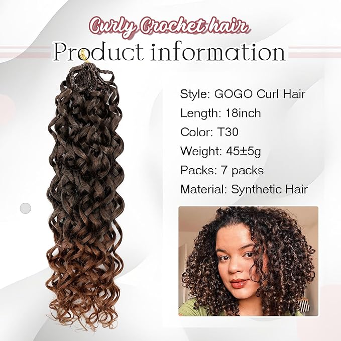 7 Packs Gogo Curl Crochet Hair for Women 18 Inch Pre-Twisted Curly Crochet Hair Deep Ocean Beach Curl Crochet Braids Synthetic Braiding Hair Extensions (18 Inch, 1B/30)