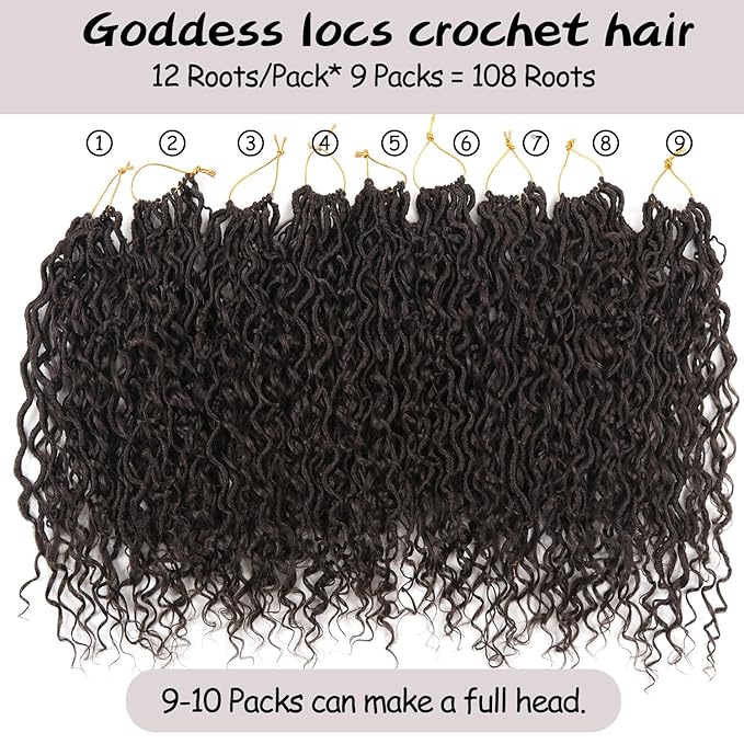 Goddess Locs Crochet Hair 18 Inch 9 Packs Synthetic Faux Locs Crochet Hair for Black Women, River Locs Hair Extensions Style Pre looped Crochet Locs with Curly Ends