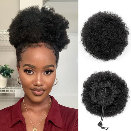 8 Inch Natural Afro Puff Real Human Hair Ponytail for Black Women Halloween Kinky Curly Ponytail Extension Drawstring Ponytail 4c African American Cheer Big High Fake Bun Christmas Jet Black 50g