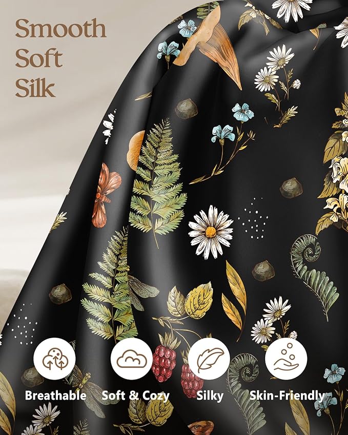 Silk Pillowcase 2 Pack - Pillow Cases 20" x 30" Queen Size Set of 2 for Hair and Skin Smooth Soft Breathable with Hidden Zipper Cooling Pillow Covers for Sleeping,Mushroom Plants