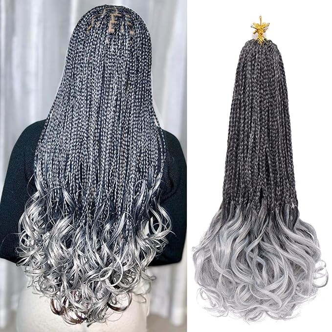 French Curl Crochet Braids 18 Inch 8 Packs Goddess Box Braids Crochet Hair for Women Gray Pre Looped Crochet Box Braid with Curly Ends Synthetic French Curly Braiding Hair Extensions (1B/Gray)