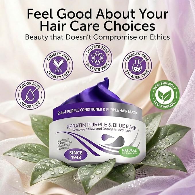 VITAMINS hair cosmetics Keratin Purple Hair Mask - Blue Hair Mask Deep Conditioner Treatment - Blonde Toner to Neutralize Brassiness in Brassy Blonde, Silver, White, Gray & Brown Locks