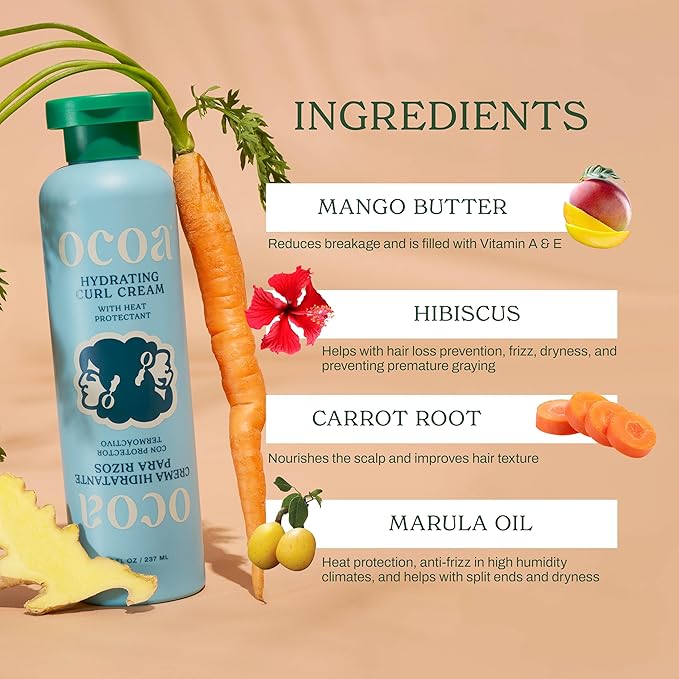 OCOA Beauty Hydrating Curl Cream with Hibiscus, Mango Butter, and Marula Oil - Defines, Moisturizes, Controls Frizz & Protects from Heat - For Curly & Wavy Hair, 8 oz