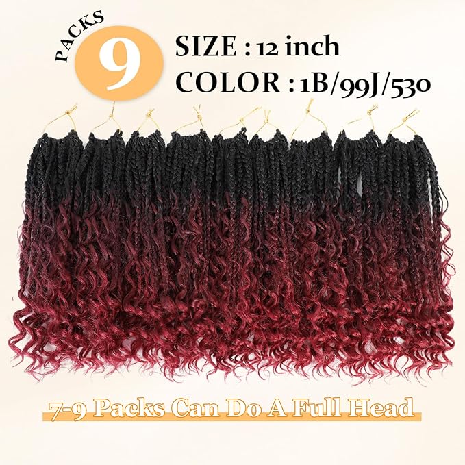 Goddess Box Braids Crochet Hair 12 Inch, 9 Packs Boho Box Braids for Black Women Pre-Looped (12Inch 9 Packs, T99J530)