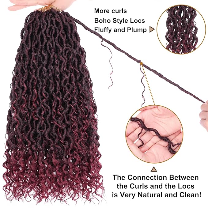 COOKOO Bohemian River Faux Locs Synthetic Braids Hair 18 Inch 8 Packs Burgundy Red Goddess Locs Hair with Curly Ends Ombre River Locs Crochet Braiding Hair for Women Boho Style Crochet Braids Tbug#