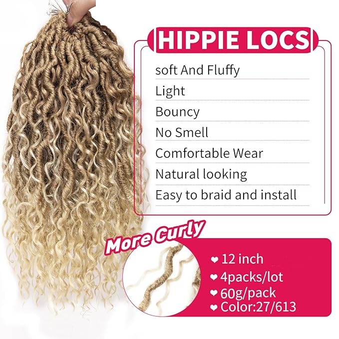 Goddess Locs Crochet Hair 12Inch Short Faux Locs Crochet Hair Pre looped Curly River locs Crochet Hair Hippie Locs Bohemian Locs Crochet Braids for Black Women (27/613, 12inch)