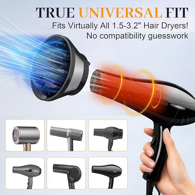Universal Diffuser Hair Dryer Attachment - Fits Most 1.5-3.2" Blow Dryers, collapsible Diffuser for Curly Wavy Hair to Enhance Curls, Reduce Frizz, Fast Drying Travel Design