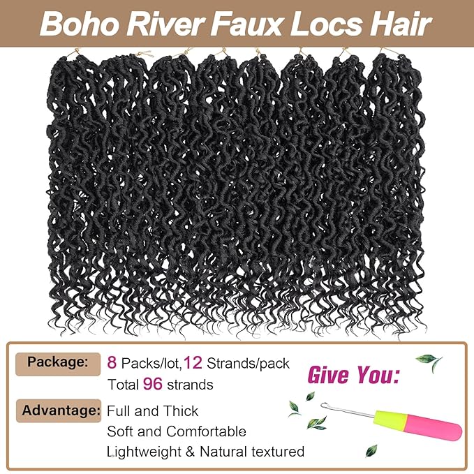 COOKOO 16 Inch 8 Packs Goddess Locs Crochet Hair 12 Stands/Pack Boho Faux Locs Crochet Hair with Curls Pre Looped River Locs Hair for Women Bohemian Locs Synthetic Hair Extensions 1B#
