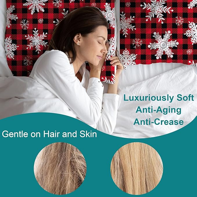 1 Pack Christmas Snowflakes Satin Pillowcase Red Christmas Plaid Similar to Silk Pillow Cases for Hair and Skin, Soft Smooth Breathable Cool Pillow Cases, with Hidden Zipper Standard Size 20" x 26"