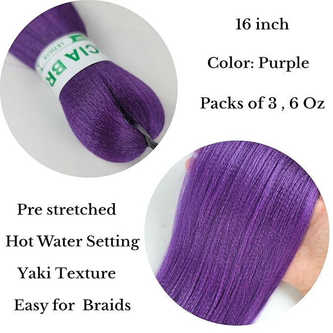Kids Braiding Hair Pre stretched 16 inches Purple Yaki ez Braid Braiding Hair for Kids Knotless Braids
