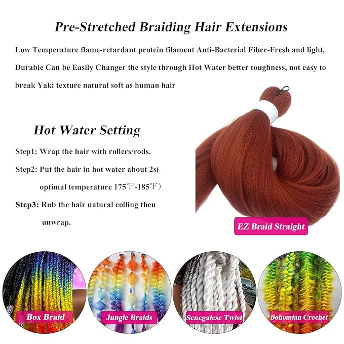 350 Ginger Braiding Hair Pre Stretched Brown Copper Auburn Braiding Hair Extensions for Box Braids Crochet Micro Prestressed Braiding Hair 26 inch 8 Packs