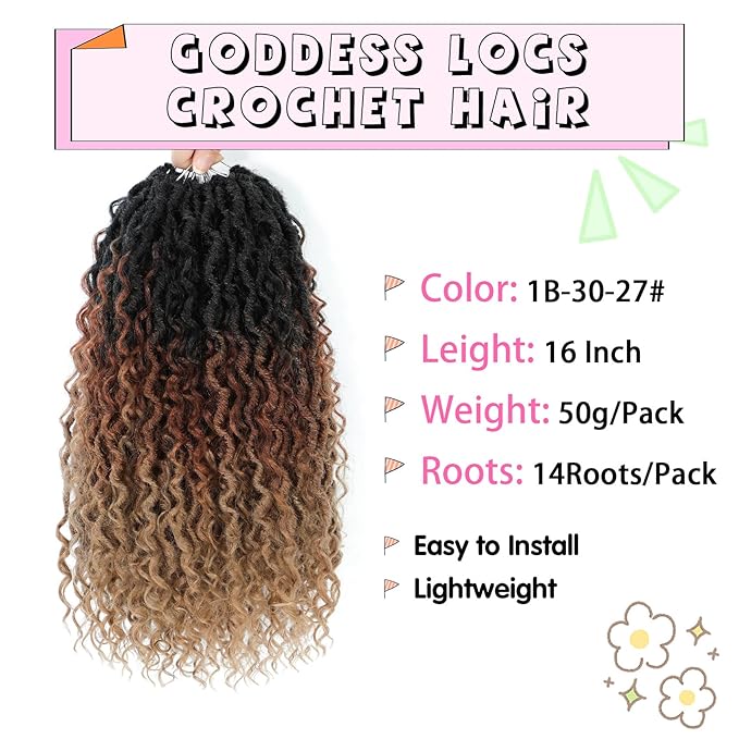 Fulcrum Goddess Locs Crochet Hair 16 Inch, 8 Packs New Faux Locs Crochet Hair for Black Women, Crochet locs with Curly Ends (16Inch (Pack of 8), 1B/30/27#)