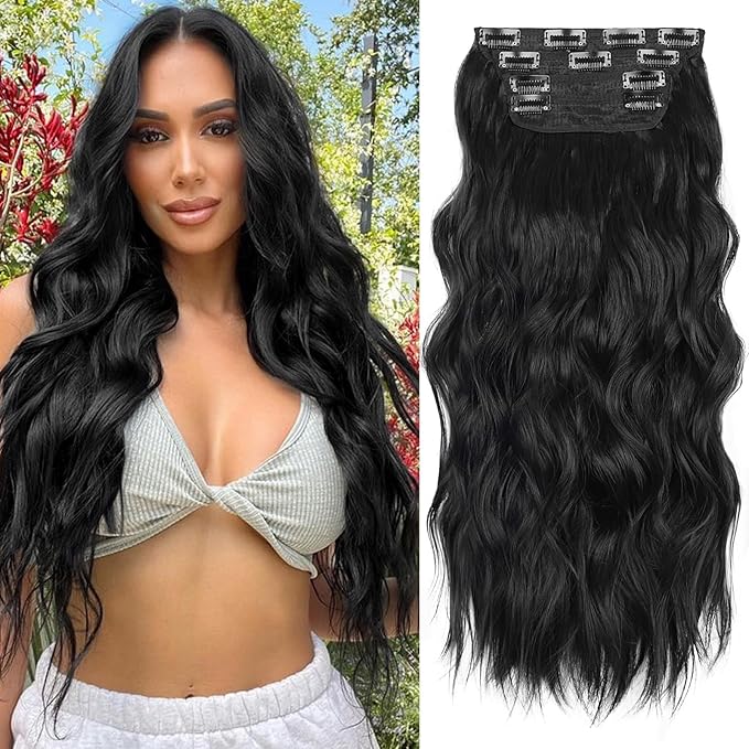 ALXNAN Clip in Long Wavy Synthetic Hair Extension 24 Inch Black 4PCS Thick Hairpieces Fiber Double Weft Hair for Women