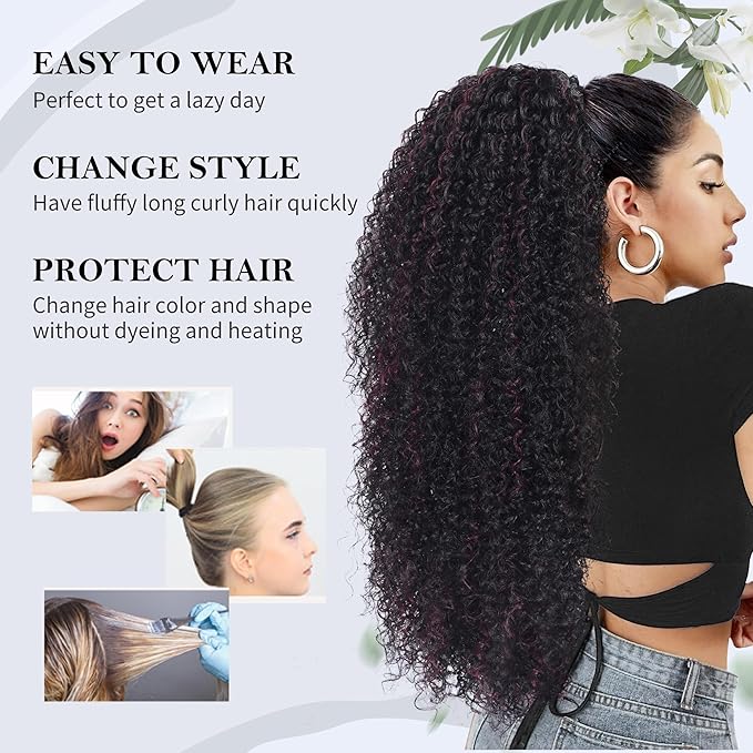 27 Inch Drawstring Ponytail Extension for Black Women Deep Curly Ponytail Extension Synthetic Mixed with Human Hair Hairpieces Afro Kinky Curly Pony Tail for Daily Use (Burgundy Highlight)