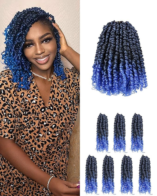 Pre-Twisted Passion Twist Crochet Hair for Black Women Passion Twist Hair Pre Looped Bohemian Braids 10 Inch 7 Packs Ombre Blue Short Bob Curly Braiding Hair Extensions(10"-7P,T1B/Blue)