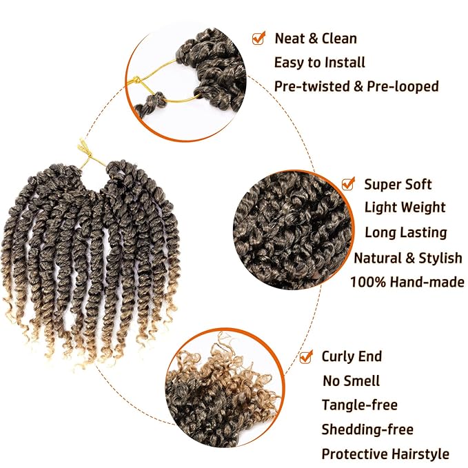 Passion Twist Crochet Hair 10 Inch Pre-twisted Passion Twist Crochet Braids for Women Girls Pre-looped Short Curly Crochet Hair Bohemian Synthetic Hair Extensions 8 packs 1B/27