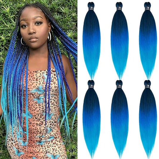 Prestretched Braiding Hair Ombre Blue Braiding Hair Pre Stretched 26" 6packs Braids in Hair Extensions for Braiding Hot Water Setting Itch Free Synthetic Yaki Perm Kids Women Braiding Hair by UPruyo