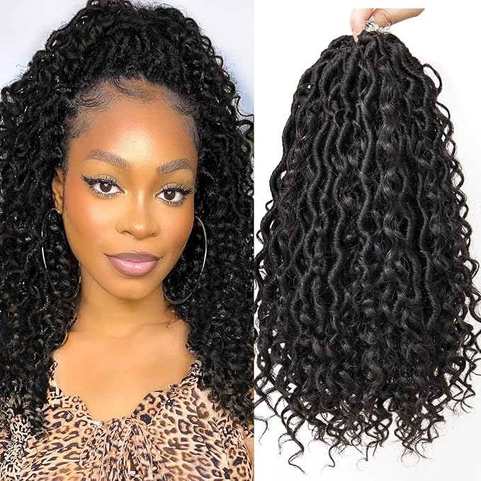 Goddess Locs Crochet Hair 12Inch Faux Locs With Curly Ends 8Packs Pre-looped Boho River Locs Hippie Bohemian Locs Crochet Hair (1B, 12inch(Pack of 8))