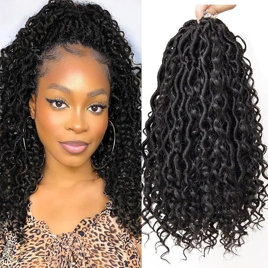 Goddess Locs Crochet Hair 12Inch Faux Locs With Curly Ends 8Packs Pre-looped Boho River Locs Hippie Bohemian Locs Crochet Hair (1B, 12inch(Pack of 8))