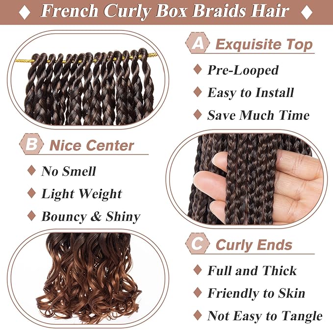 9 Packs French Curl Crochet Braids 18 Inch Ombre Brown Pre Looped Bohemian Goddess Box Braids Crochet Hair Synthetic French Curly Braiding Hair for Women