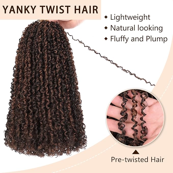 COOKOO 12 Inch 8 Packs Pre-Looped Yanky Twist Crochet Hair with Mini Curly Ends Mix 2 Tones Micro Yanky Twist Passion Twist Crochet Hair Pre twisted Spring Twist Crochet Hair for Women 1BH30#