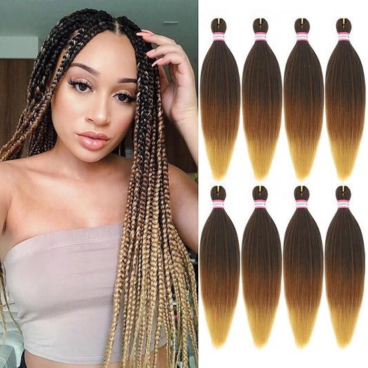 3 Tone Pre-stretched Braiding Hair Synthetic Braids Professional Hair Extensions for Braiding 20 Inch Yaki Texture Straight Ombre Brown Blond Color Mixed Crochet Twist Hair 8Pcs/lot (#1B/30/27)