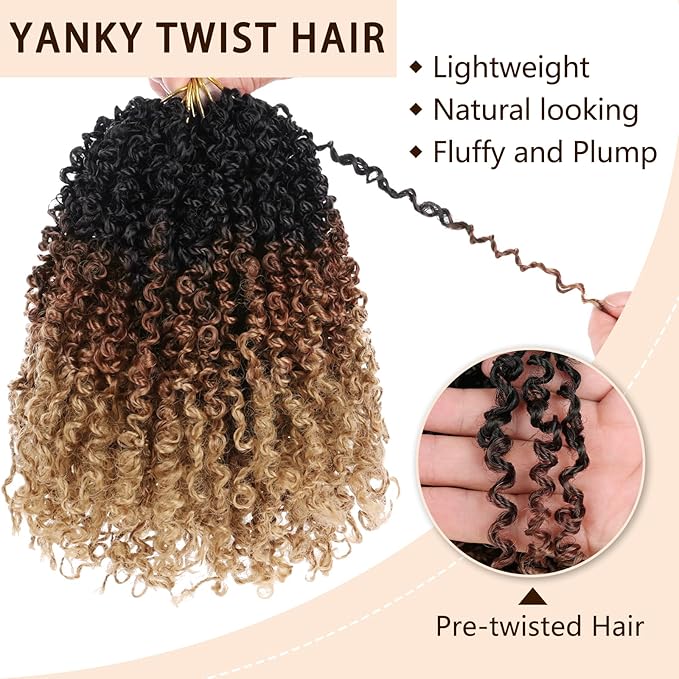 COOKOO 8 PCS Pre-twisted Yanky Twists Synthetic Crochet Braiding Hair 8 Inch Ombre Brown to Blonde Pre Looped Spring Twists Hair Short Water Wave Passion Twists Crochet Hair with Curls 1B/30/27#
