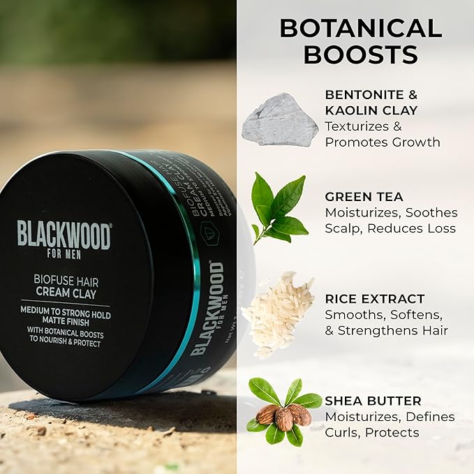Blackwood For Men BioFuse Hair Cream Clay, Matte Finish Medium to Strong Hold Hair Styling Aid, Natural Hybrid that Texturizes, Moisturizes, Conditions, Adds Volume, Fights Frizz & Detangles, 3oz