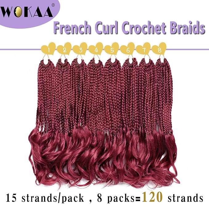 Burgundy French Curly Braiding Hair 12 Inch 8 Packs Short Red Crochet Box Braids with Curly Ends Pre-looped French Curl Crochet Hair for Women Synthetic Hair Extensions BUG#