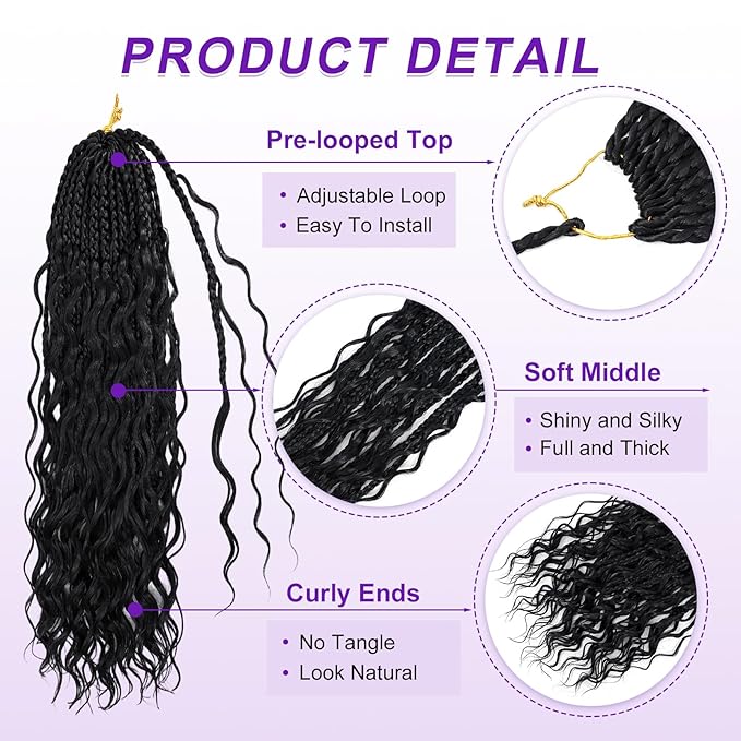 Eacia Goddess Box Braids Crochet Hair 18 Inch 7 Packs Pre looped Boho Braids Crochet Hair Bohemian Box Braid with Curly Ends for Women(18 Inch, 1B#)