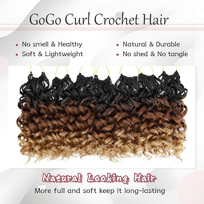 7 Packs Gogo Curl Crochet Hair for Women 8 Inch Pre-Twisted Curly Crochet Hair Pre Looped Deep Ocean Water Wave Beach Curl Crochet Braids Synthetic Braiding Hair Extensions (8 Inch, 1B/30/27)