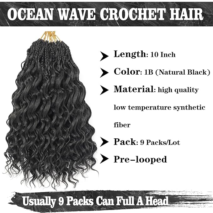 10 Inch Ocean Wave Crochet Hair Twist Braids 10 Inch 9 Packs Curly Crochet Hair for Black Women Short Deep Wave Braiding Hair Pre Looped Synthetic Hair Extensions (1B)