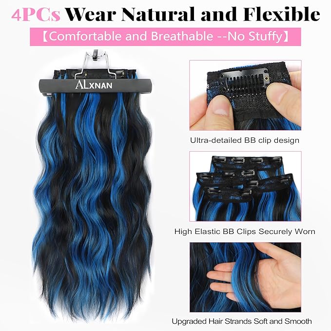 ALXNAN Clip in Long Wavy Synthetic Hair Extension 20 Inch Black Mix Blue Highlights 4PCS Thick Hairpieces Fiber Double Weft Hair for Women