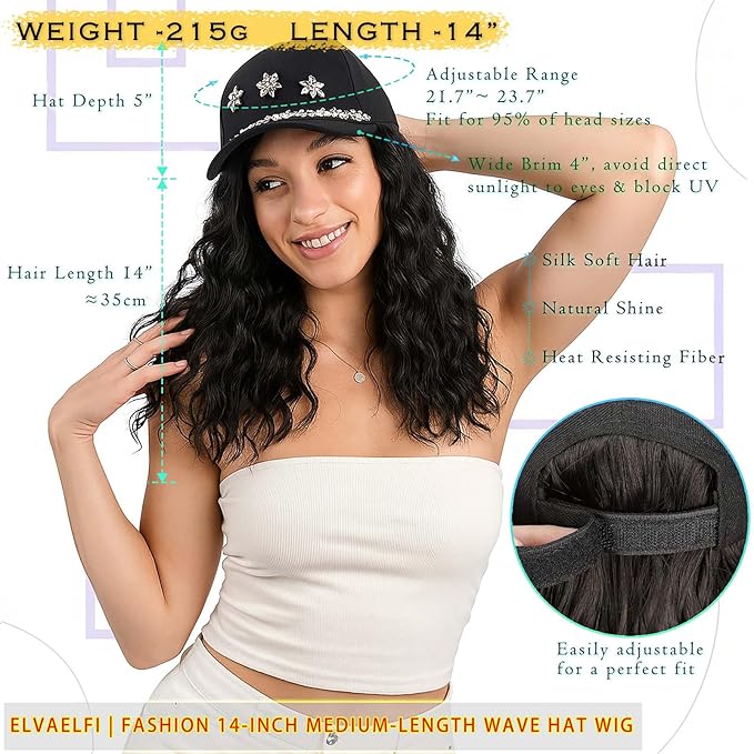 14-Inch Curly Hat Wigs for Women, Synthetic Water Wave Black Hair Wig, Baseball Cap with Hair Extensions