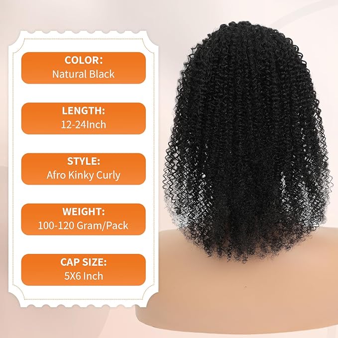 Afro Kinky Curly Ponytail Human Hair 150% Density Brazilian Virgin Hair 4C Afro Puff Drawstring Ponytail Extension for Black Women Natural Color 20 Inch