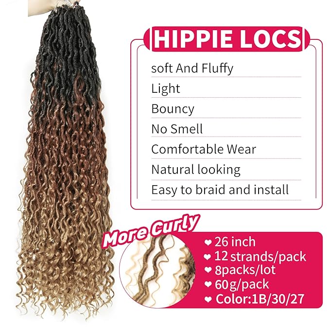 8Packs Goddess Locs Crochet Hair 26Inch Crochet Locs,Boho Faux Loc With Curly Ends River Hippie Bohemian Loc Crochet Hair for Black Women(OT30/27, 26inch(Pack of 8))