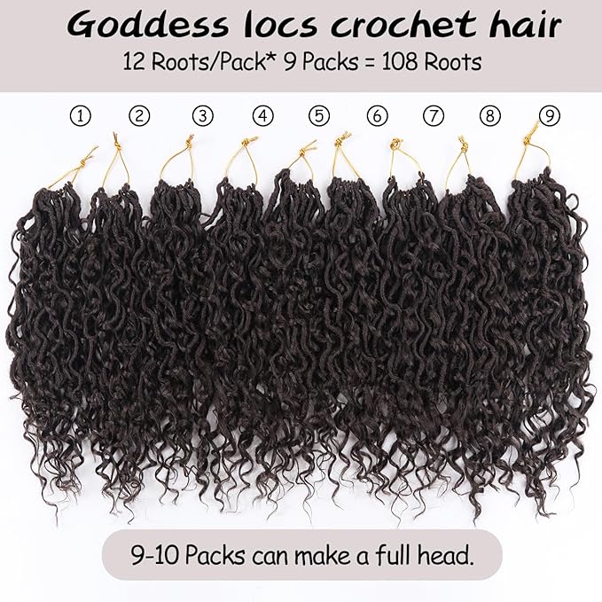 Goddess Locs Crochet Hair,12 Inch 9 Packs Synthetic Faux Locs Crochet Hair for Black Women,River Locs Hair Extensions Boho Style Pre looped Faux Locs with Curly Ends
