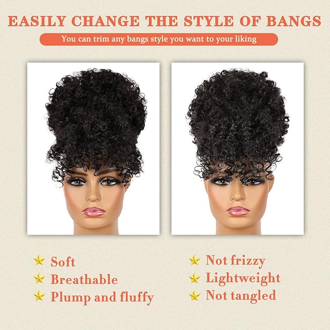 ENTRANCED STYLES Drawstring Ponytail with Bangs Afro Puff Ponytail Hair Extensions for Black Women Short Kinky Curly Puff Ponytail with Bangs Curly Clip in Wrap Updo Hairpiece