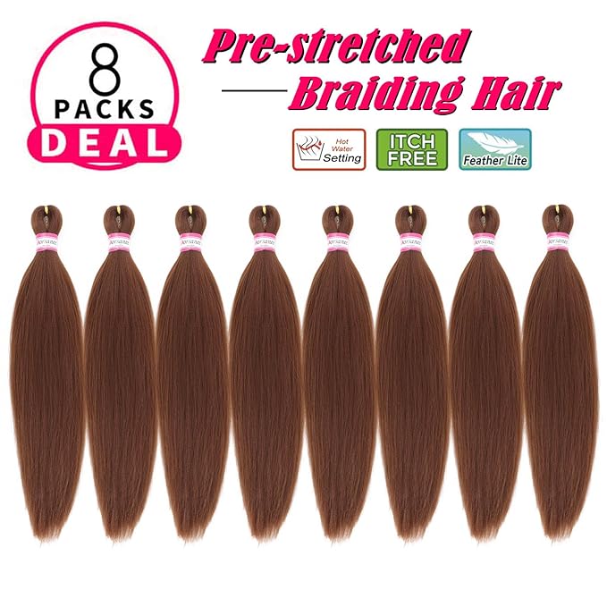 Dorsanee Brown Braiding Hair Pre Stretched 20 Inch 8 Packs Braiding Hair Extensions for Crochet Box Braids Twists Locs Hair Soft Yaki Texture Hot Water Setting (20inch,#30)