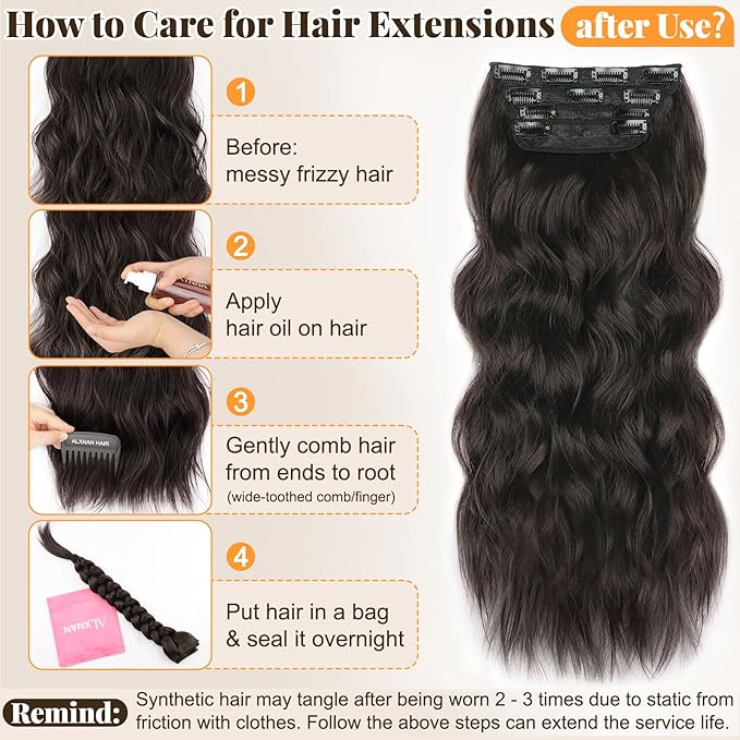 ALXNAN Clip in Long Wavy Synthetic Hair Extension 20 Inch Dark Brown 4PCS Thick Hairpieces Fiber Double Weft Hair for Women