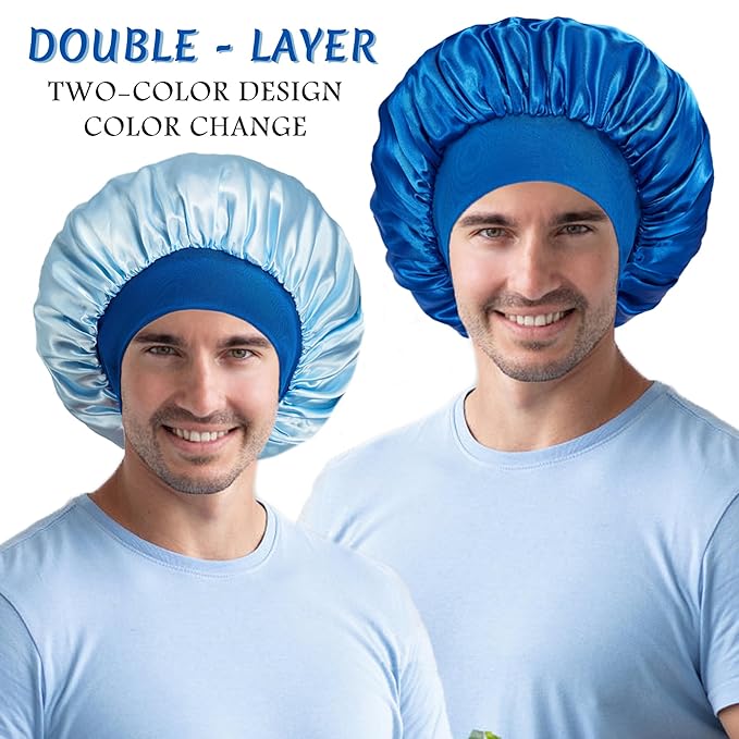 2pcs Bonnet for Men, Bonnets for Women, Satin Silk Hair Bonnet for Sleeping, Reversible Double Layer Wide Band Sleep Cap for Curly Hair Braids