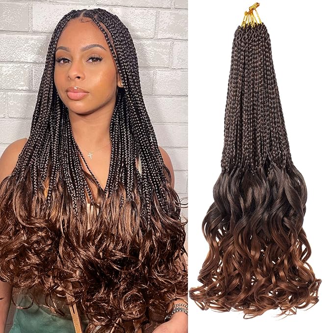 9 Packs French Curl Crochet Braids 18 Inch Ombre Brown Pre Looped Bohemian Goddess Box Braids Crochet Hair Synthetic French Curly Braiding Hair for Women