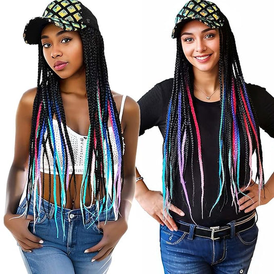 Cooling Mesh Baseball Cap Wig 24" Multi-colored Box Braid Hair Extensions, Long Braided Hair for Women Girls